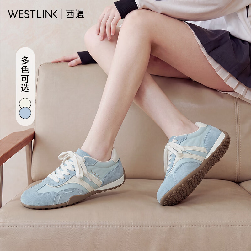 西遇（Westlink）撞色复古德训鞋女2026秋季新款学院风透气舒适防滑休闲运动鞋 蓝色 付款15天 38 (240)
