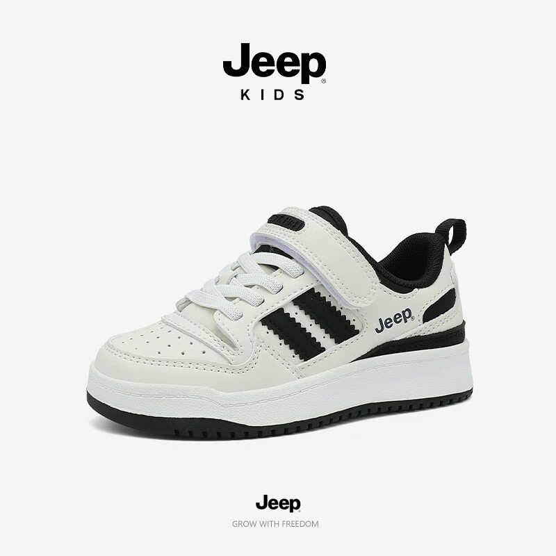 JEEP2026秋季新款魔术贴低帮休闲儿童百搭校园网面运动鞋板鞋 白黑 33