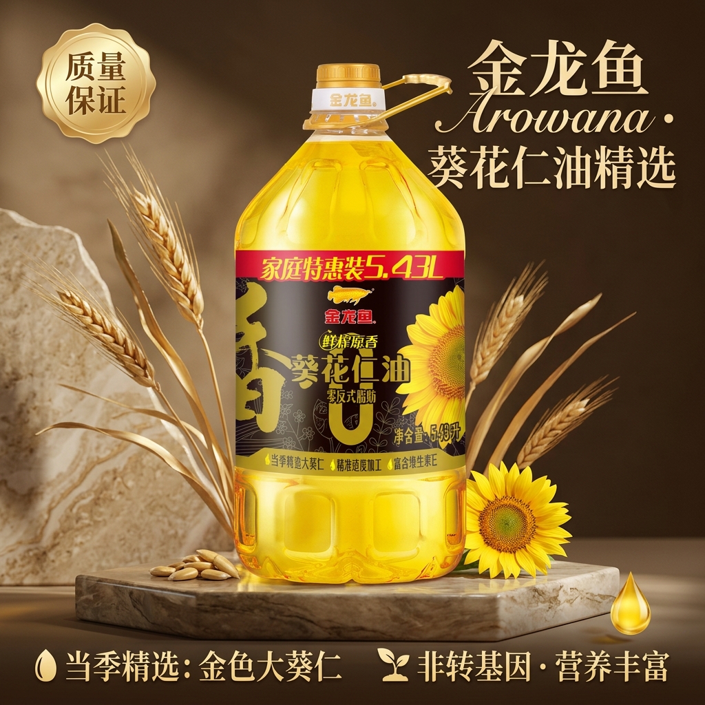 金龙鱼葵花籽油 食用油 鲜榨葵花仁油 物理压榨 5.43L 零反式脂肪