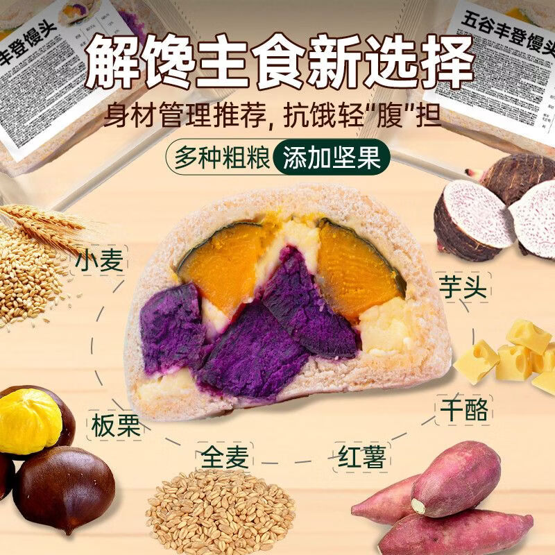 秦圣山东五谷丰登馒头杂粮手工馒头南瓜紫薯粗粮代餐轻食健康早餐面点 五谷丰登馒头150g*5袋