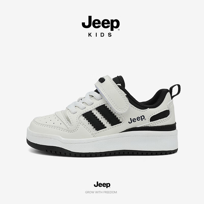 JEEP2026秋季新款魔术贴低帮休闲儿童百搭校园网面运动鞋板鞋 白黑 33