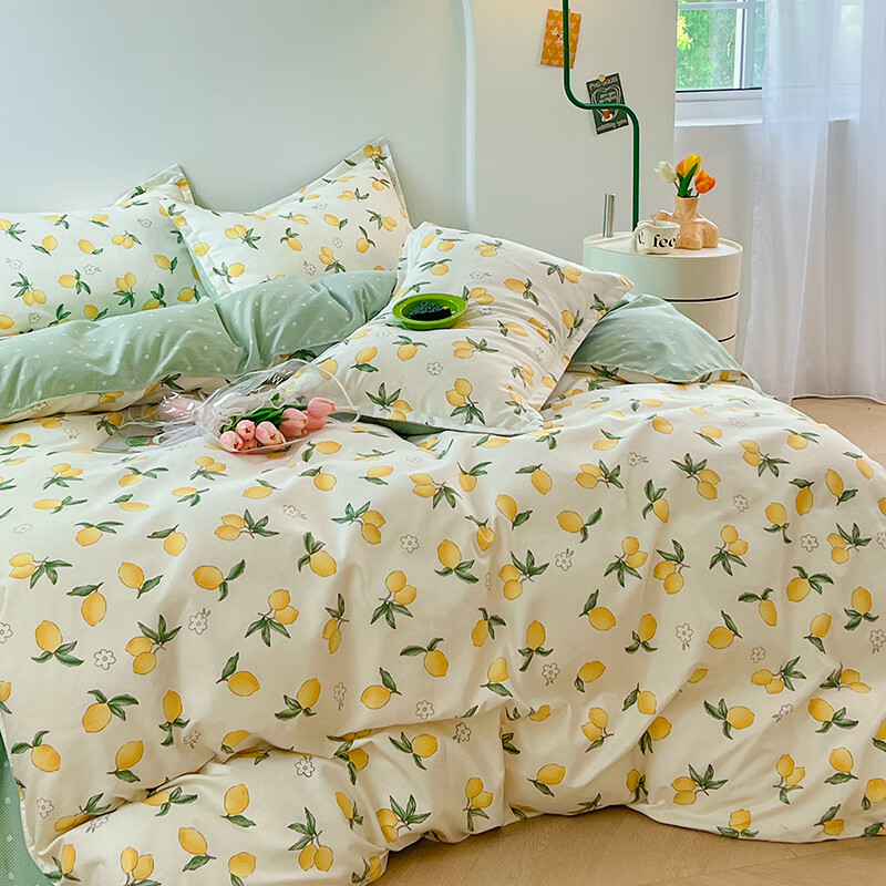 羽匠春季小清新印花四件套学生宿舍套件家用床单柔软四件套ins 清香柠檬 床单款 （被套150*200cm）三件套