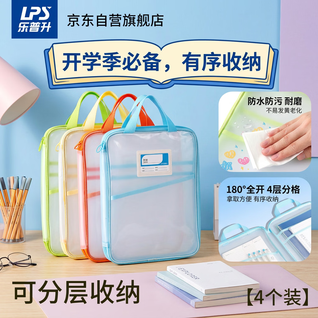 乐普升科目袋分类文件袋防水透明拉链式a4课外作业小学初中L型考试补习手提袋S-XK001 4个色全系列