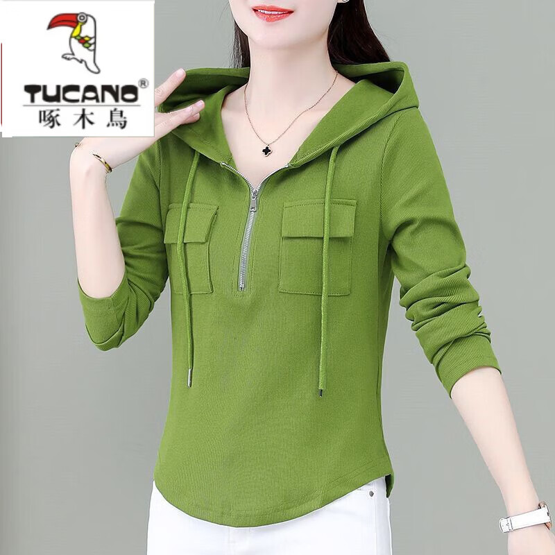 啄木鸟（TUCANO）新款卫衣女连帽修身长袖T恤2026秋冬新款韩版显瘦时尚减龄打底衫 黑色  L 建议100-115斤