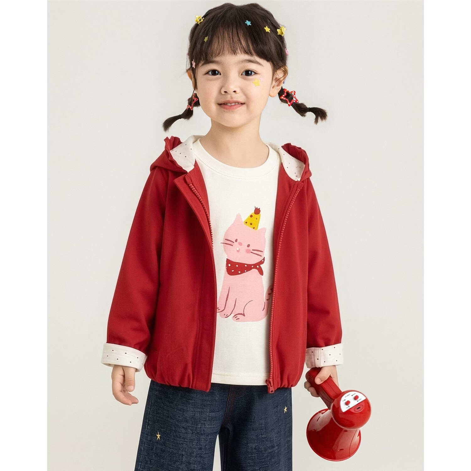 幼悠女童连帽外套儿童秋季新款防风秋装木耳边宽松可爱上衣潮 红色 110 cm