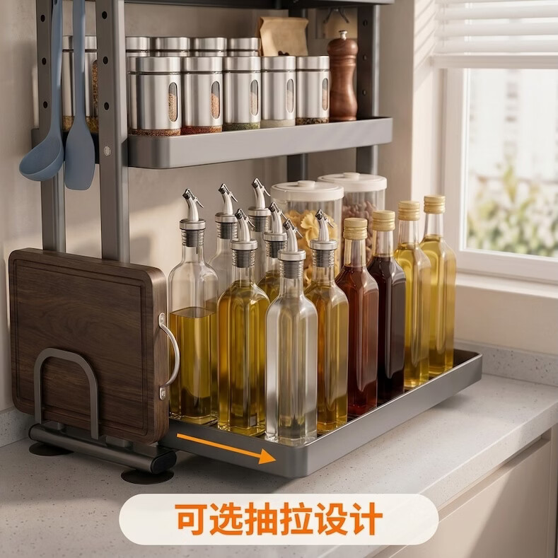 厨房调料置物架台置式放调料油盐酱醋收纳调味料调料品灶台调料架 【固定款】双层35cm调料架+4个挂钩