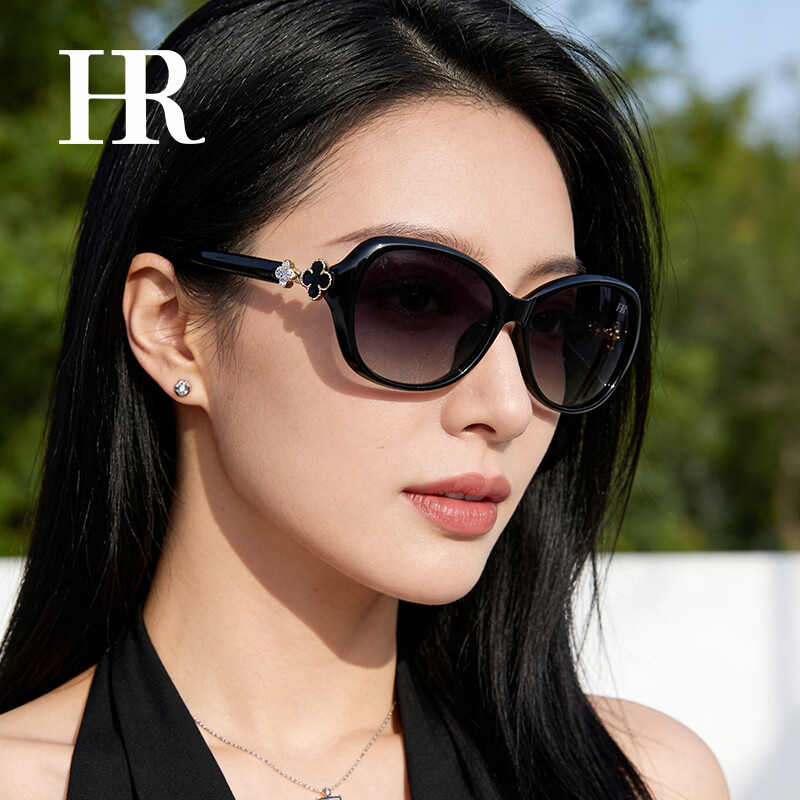 HR墨镜女时尚潮流偏光太阳镜开车防晒防紫外线生日礼物送女友 【品牌高定礼盒】HYJ060黑框全灰片