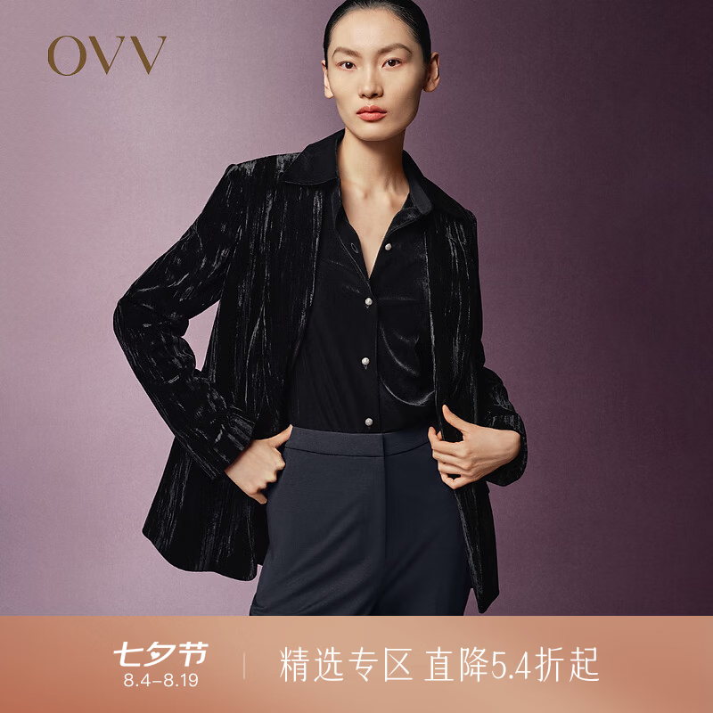 OVV【极夜丝绒】秋冬热卖女装戗驳领通勤休闲西服外套 赫本黑 M