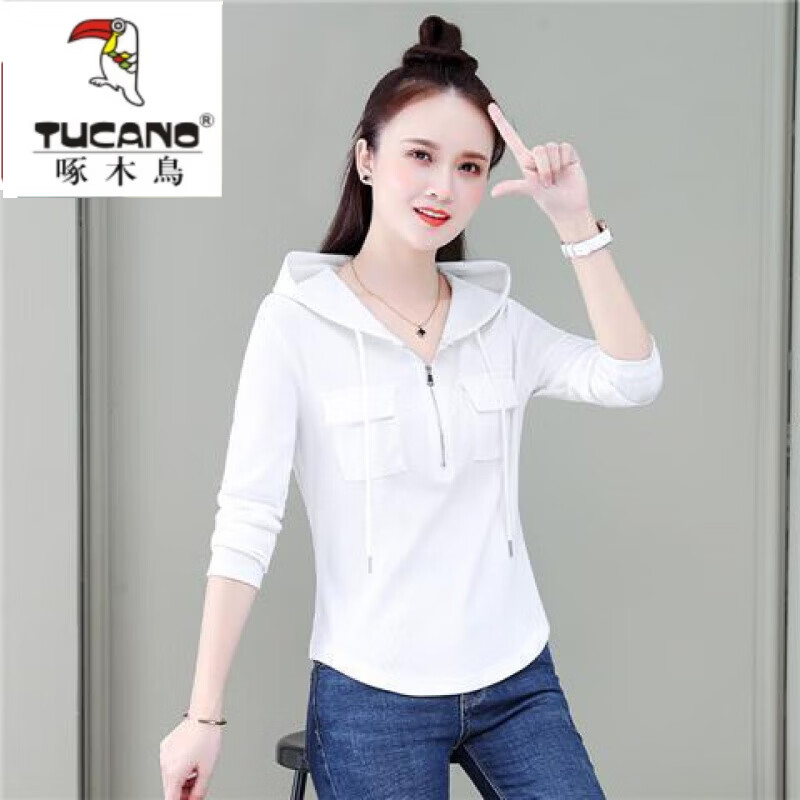 啄木鸟(TUCANO)新款卫衣女连帽修身长袖T恤2026秋冬新款韩版显瘦时尚减龄打底衫 白色 2XL 建议130-145斤 京东折扣/优惠券