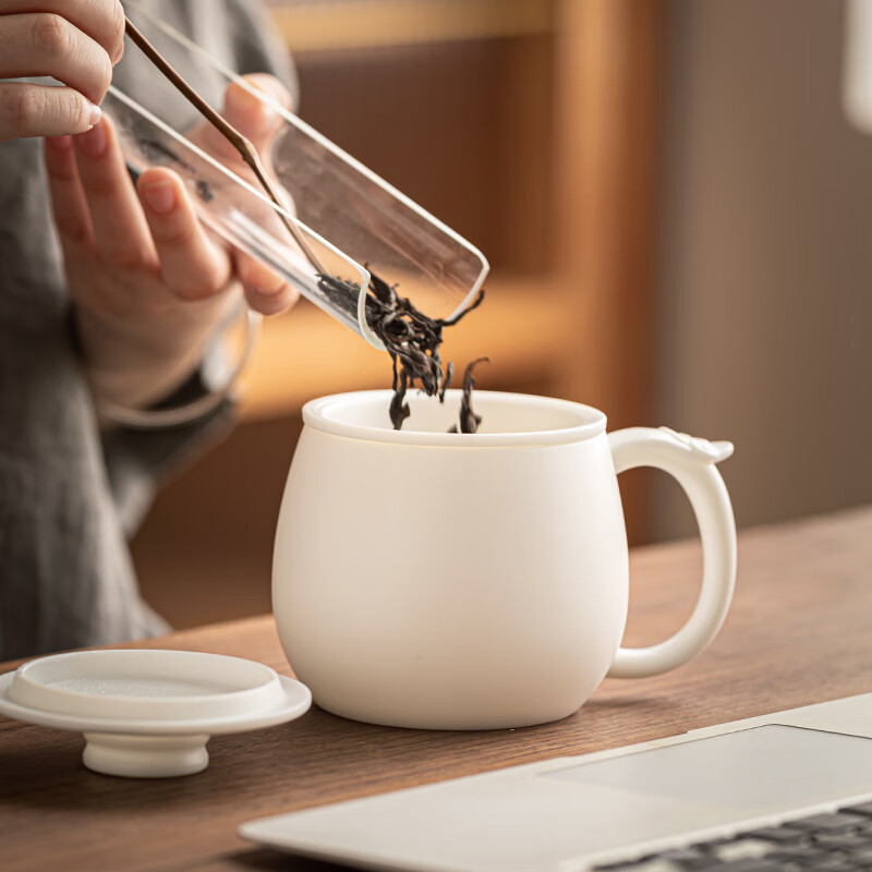 流影高档羊脂玉茶杯单个茶水分离泡茶杯马克杯德化白瓷办公杯礼品定制 丹凤金鱼对杯-吉祥如意