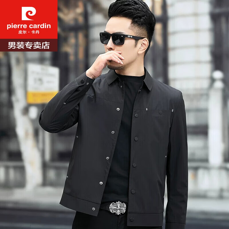 皮尔卡丹(pierre cardin)高端新款夹克男士春秋季中年商务短款翻领外套休闲夹克上衣男装 黑色 L 175/92A 偏小一码