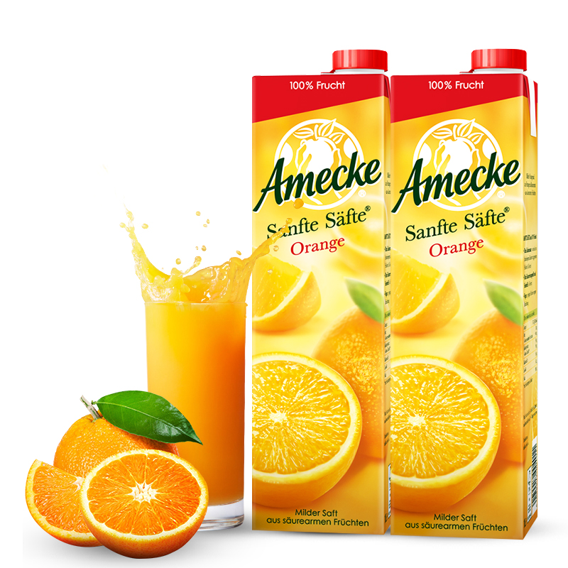 德国进口 果汁 爱美可（Amecke）橙汁 鲜榨纯果汁饮料 1L*2瓶 礼盒装（新老包装交替发货）