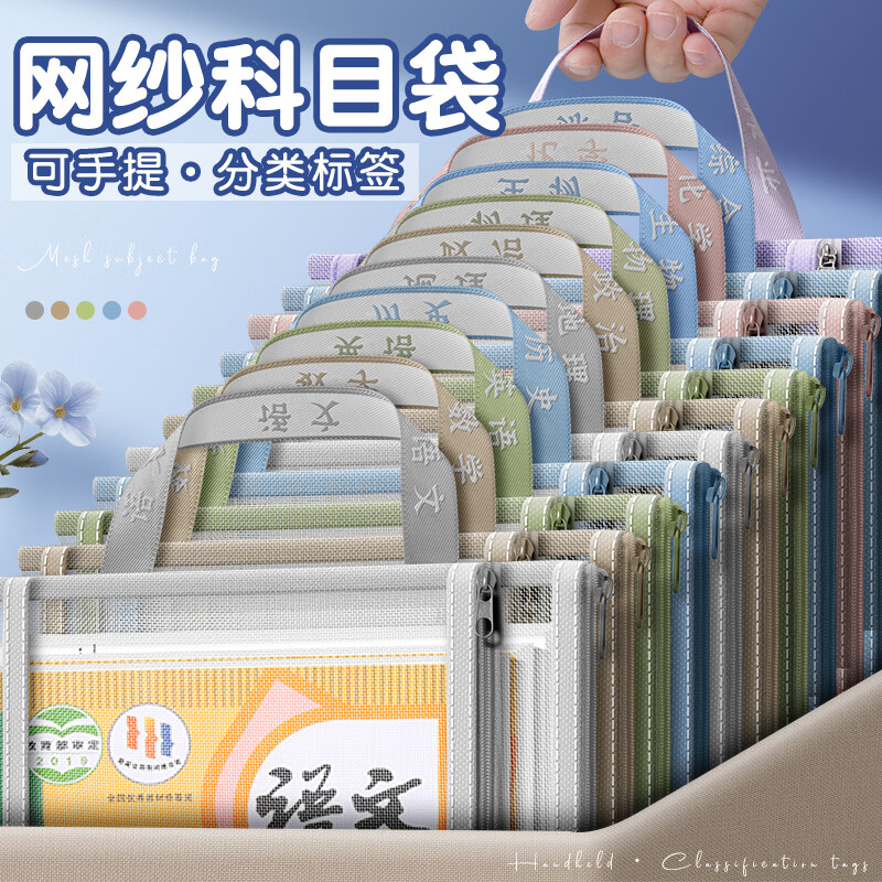 西语A4初中文件袋分科目7科学科科目分类袋双层网纱透明文具袋拉链资料袋分科资料收纳袋课本书本袋子 【初一7科】语数英+政史地生