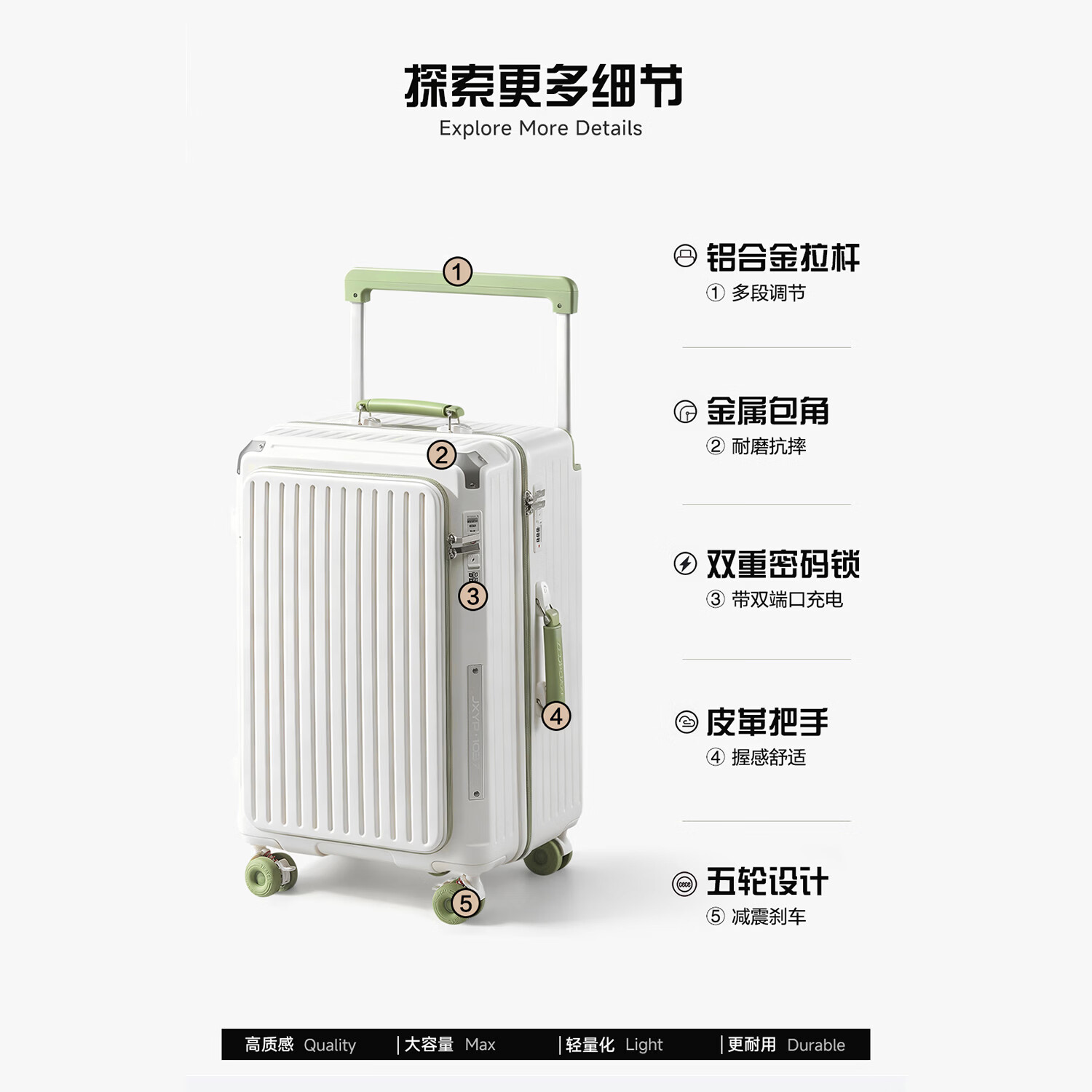 游乐者(MUSIC TRAVELS)行李箱大容量深仓拉杆箱侧开盖旅行箱多功能密码登机箱高颜值耐用 奶白青提/子母套装【科思创PC+YKK防爆拉链】 26英寸 【弹簧减震刹车轮+升级五轮承重】