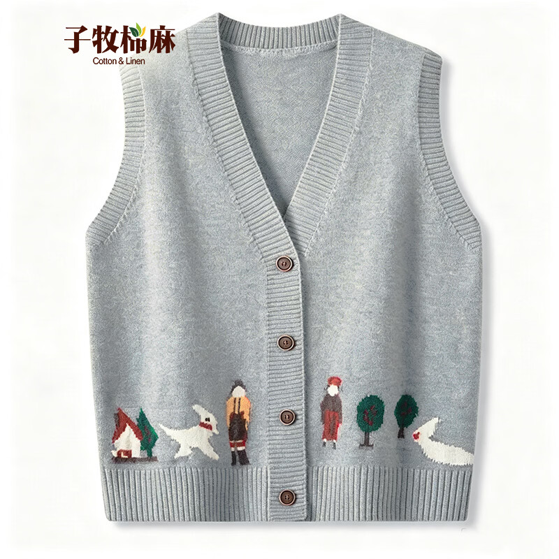 子牧棉麻卡通提花针织马甲 59元，子牧棉麻百搭V领打底针织衫 59元 - 线报酷