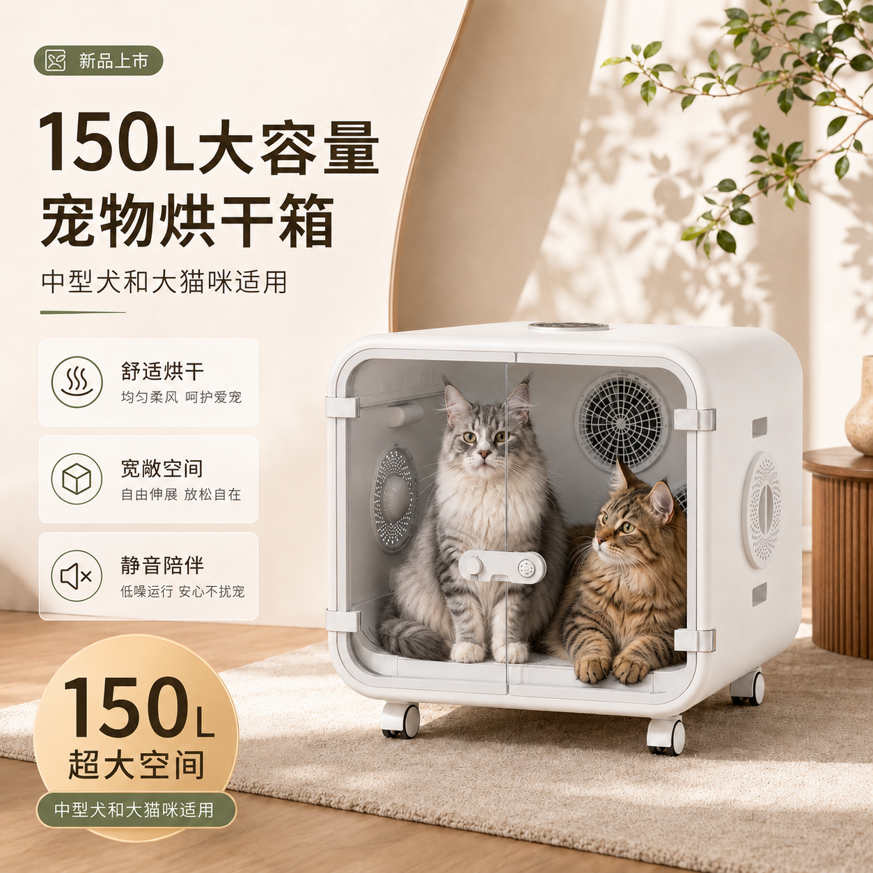 宠知予宠物烘干箱150L超大空间全自动静音猫狗通用家用烘干机 A8 双电机标准版+超大尺寸(适合中大型猫狗)