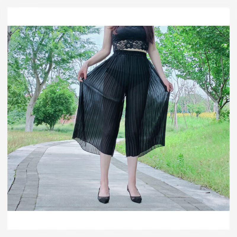 夏季外出露出超薄裤子女士裤超露透明休闲裤雪纺裤心机裤 黑色 均码