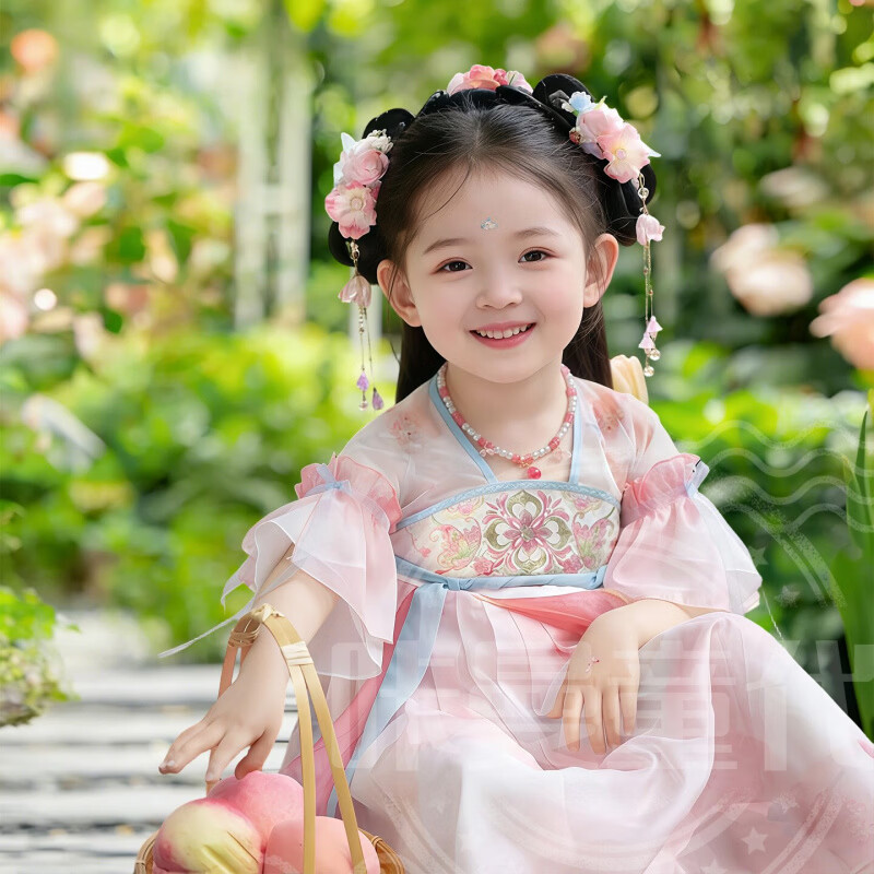 汉服女童2026新款洋装儿童国风古装礼服小女孩古风飘逸公主裙 桃桃露洋装+团扇(+头花、眉心贴) 160