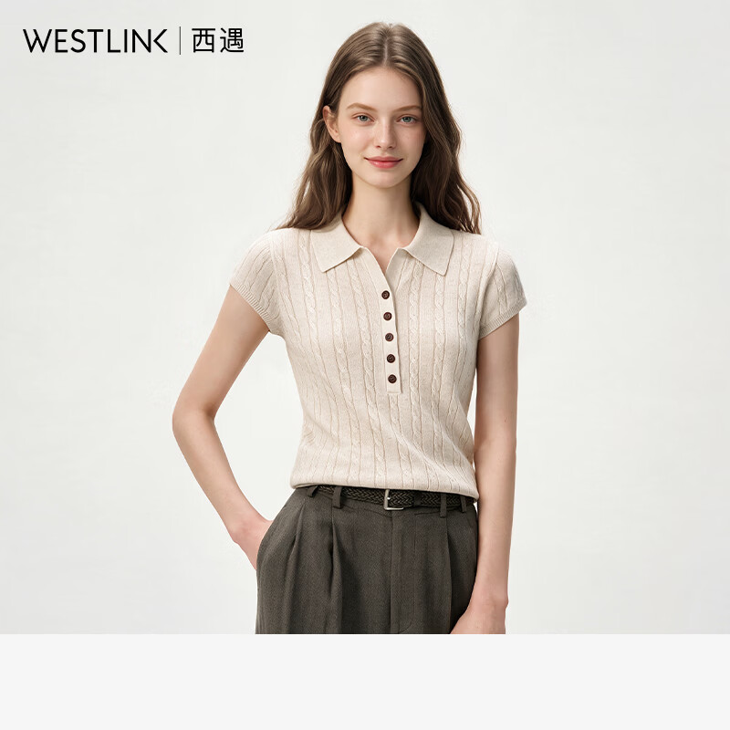 西遇（Westlink）【亚麻+莱赛尔】2026秋Polo领绞花毛衫女式T恤套头修身短袖高品质 燕麦色 M (160)