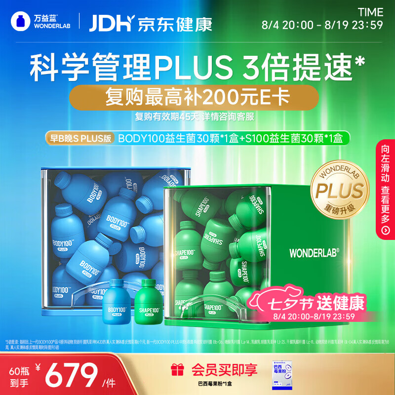 万益蓝（WONDERLAB）第二代早B晚S组合 PLUS版 30瓶+30瓶 BODY燃代SHAPE100脂益生菌