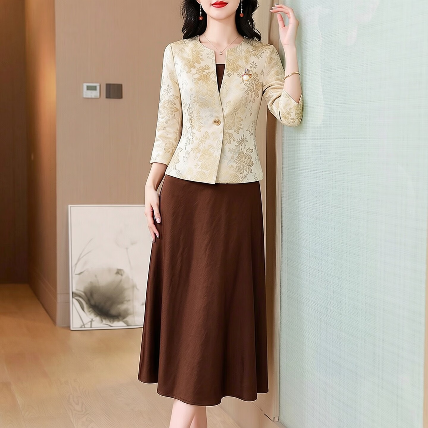 香影纯喜婆婆妈妈改良旗袍套装连衣裙女秋夏2026新款贵夫人高端大气裙子 粉色 M (建议85-100斤)