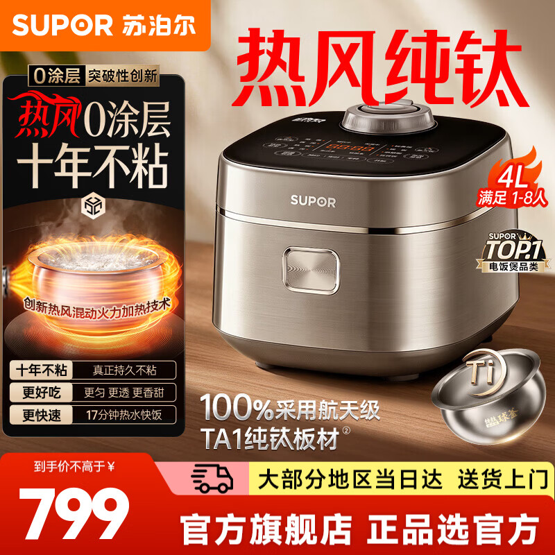 苏泊尔（SUPOR）电饭煲电饭锅 0涂层不粘锅 IH热风球釜纯钛不锈钢智能预约家用3-5-8人用大容量多功能2026年新款 【十年不粘】 4L 丨100%采用纯钛板材