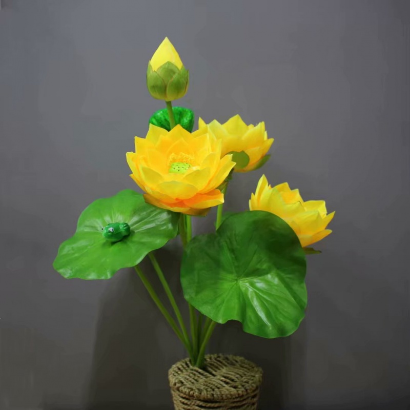 仿真大荷花王睡莲绢花干花塑料花落地盆景供佛摆放花艺 黄色