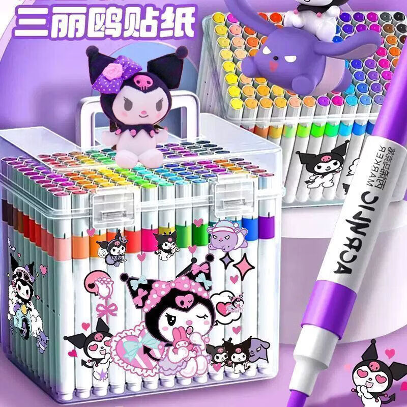 CRHMMFLF丙烯马克笔学生专用儿童水洗水彩笔不透纸套装可叠色美术透纸 紫色库洛米【60色桶装】+贴纸 餸三丽鸥贴纸系类【升级桶装】丙烯
