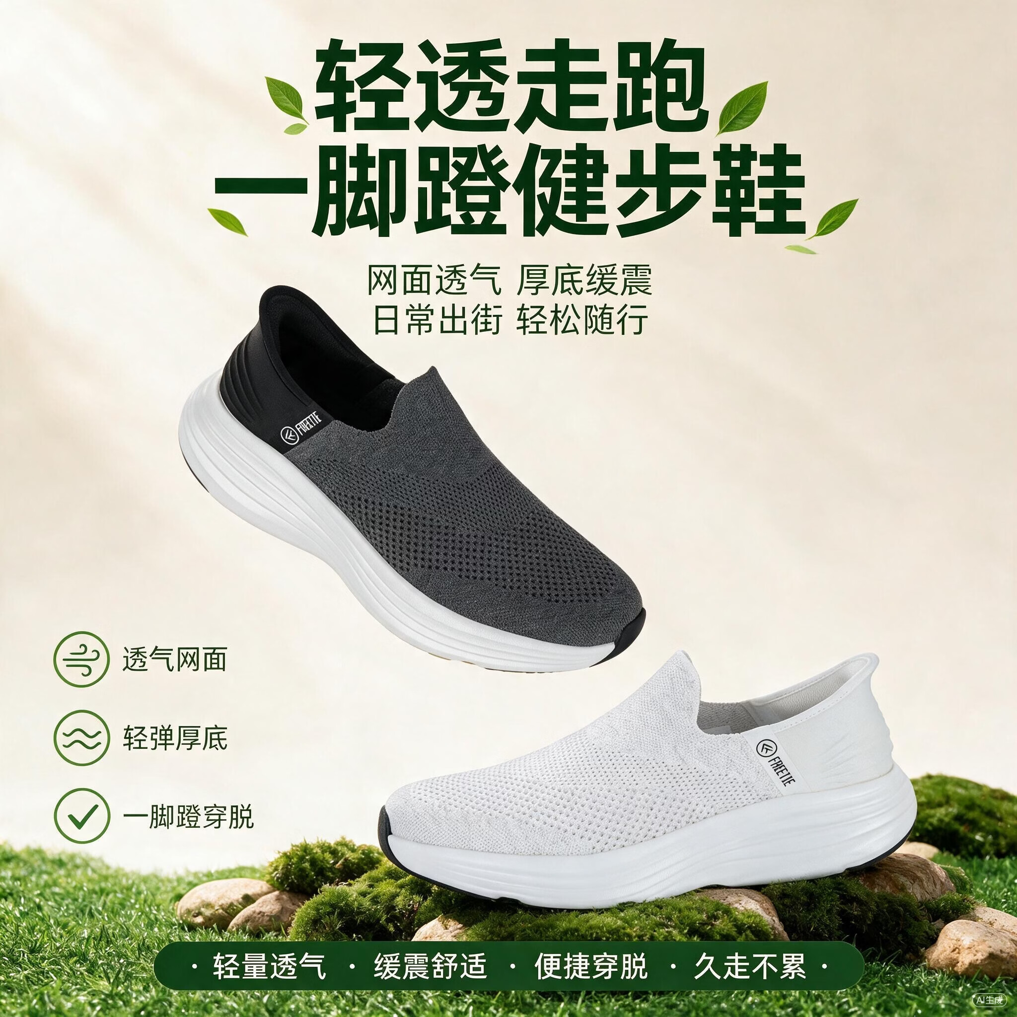 FREETIE快穿鞋男款透气纯棉网面一脚蹬运动鞋休闲鞋 浅灰色 44