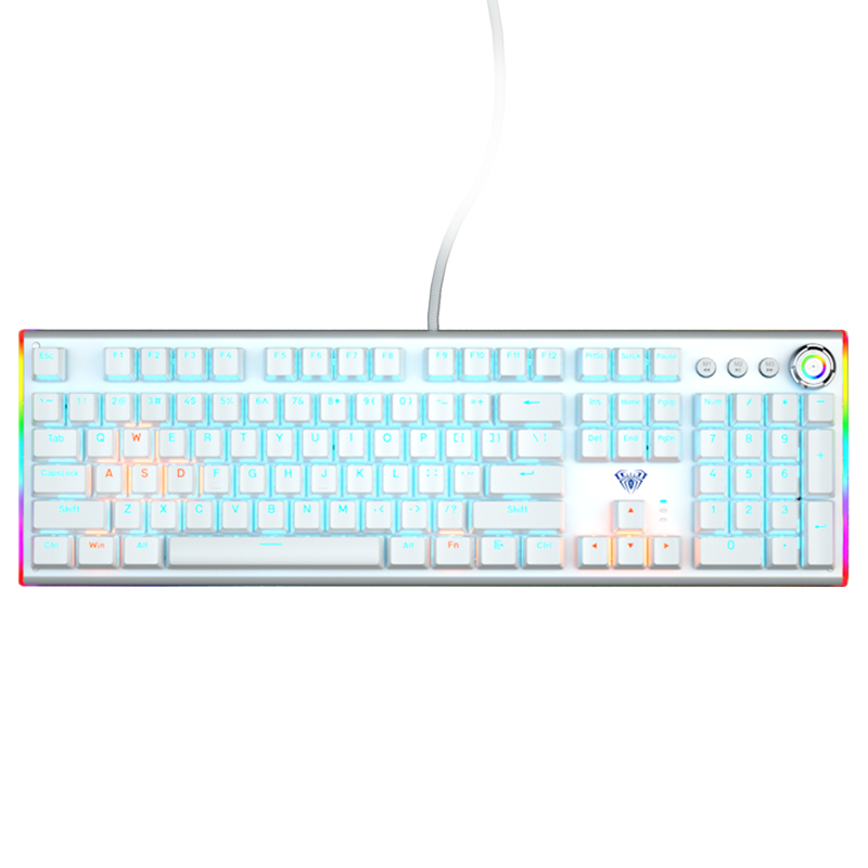 狼蛛（AULA）F3020机械键盘有线 热插拔轴 多功能旋钮 RGB侧翼流光 游戏键盘 电脑笔记本键盘 银白冰蓝光青轴100034476685