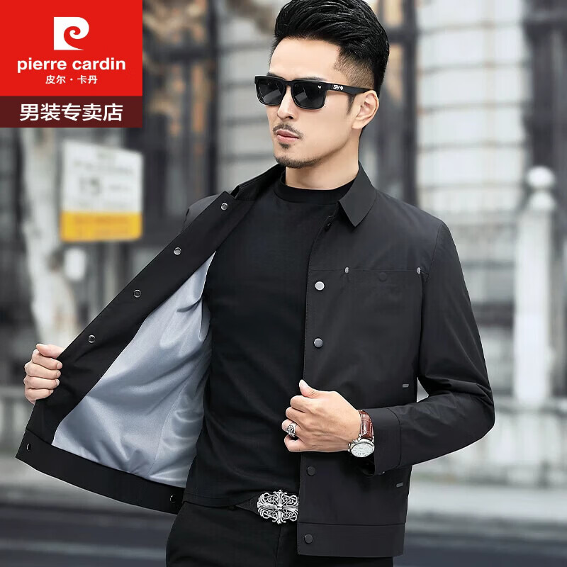 皮尔卡丹(pierre cardin)高端新款夹克男士春秋季中年商务短款翻领外套休闲夹克上衣男装 黑色 L 175/92A 偏小一码