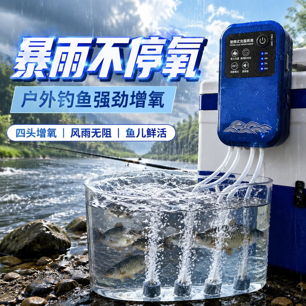 鱼缸增氧泵户外钓鱼桶氧气泵充电两用打氧机养鱼家用静音制氧专用 家用静音【20w四孔】电池7500毫安·3档