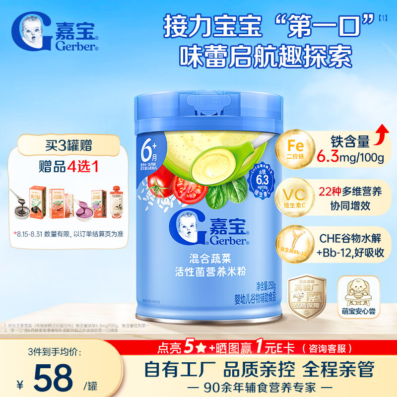嘉宝（GERBER）混合蔬菜营养谷物高铁米粉宝宝辅食米糊250g 6月+100%真验厂
