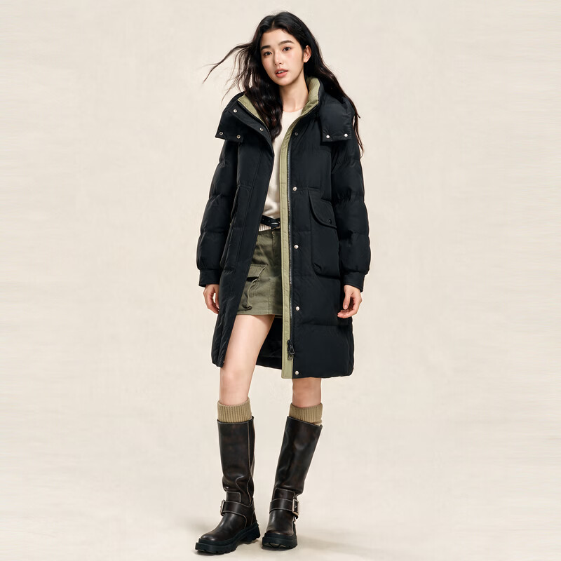 雪中飞冬新款女羽绒服连帽百搭大口袋加厚保暖宽松简约韩版中长款 黑色|8056 M /160/84A