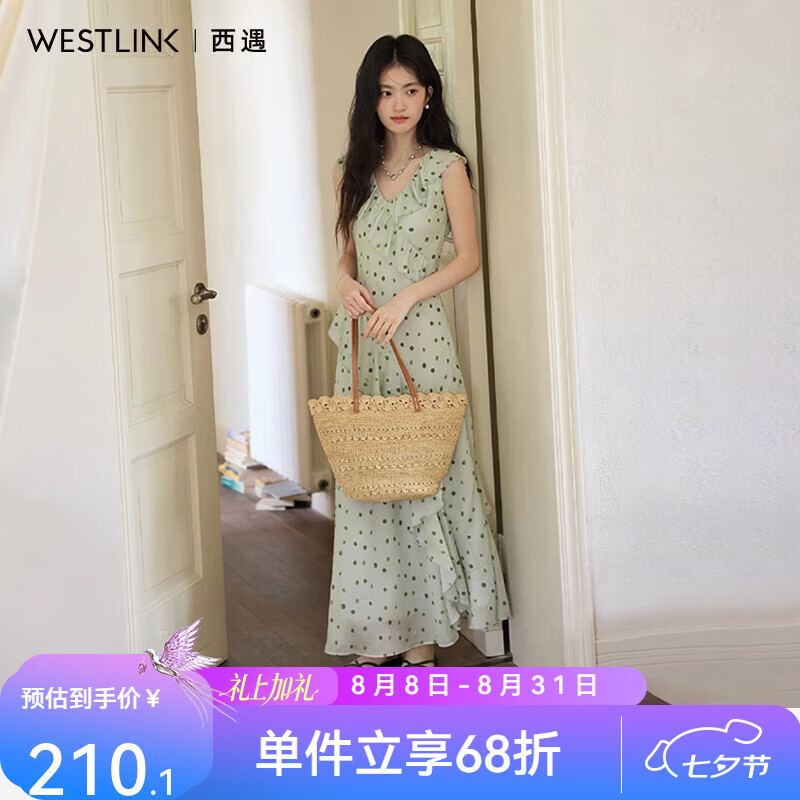 西遇（Westlink）复古浅绿色波点连衣裙女2026年夏季新款荷叶边v领无袖长裙 绿色 付款15天 S (155)