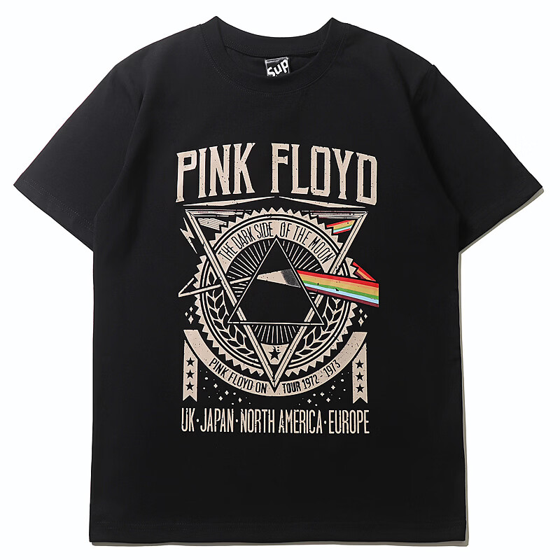 100%棉男装潮牌美式休闲摇滚pink floyd圆领短袖T恤半袖 T-SHIRT 黑色 3XL 推荐160-190斤