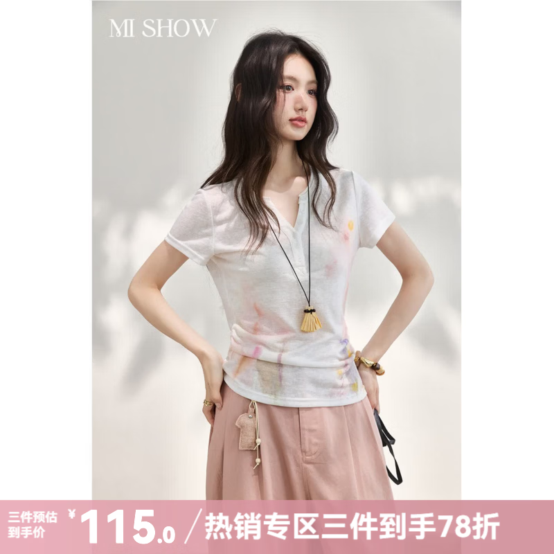 谜秀天丝晕染印花T恤女温柔水彩2026夏季新品侧边透气艺术感上衣 米白色  上衣 L