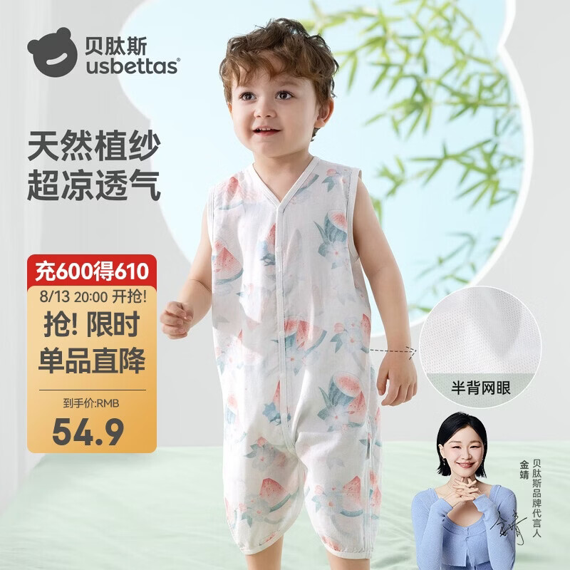贝肽斯儿童背心睡袋夏季竹棉纱布网眼婴儿睡袋宝宝防踢被子神器西瓜 S