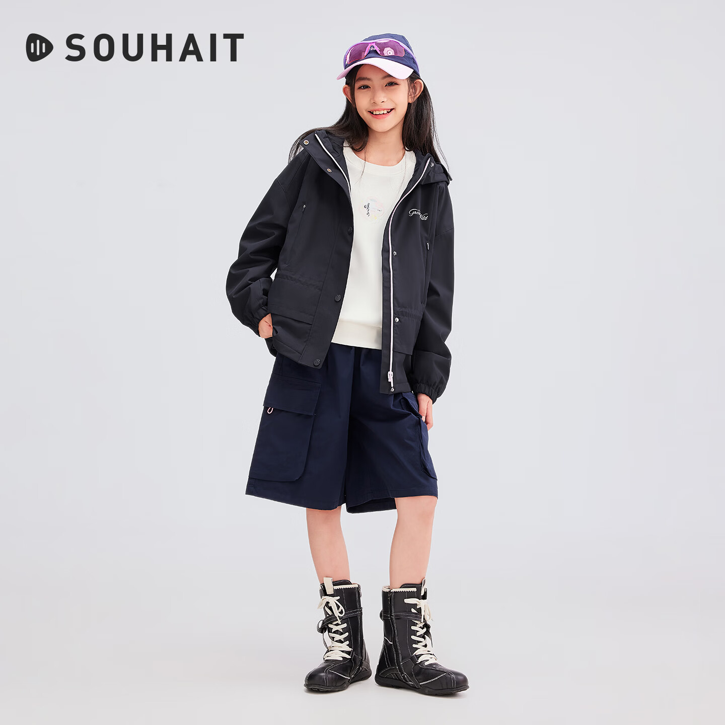 水孩儿（SOUHAIT）风衣厚女大童外套纯色女童2026新款秋季百搭外套 藏蓝 160