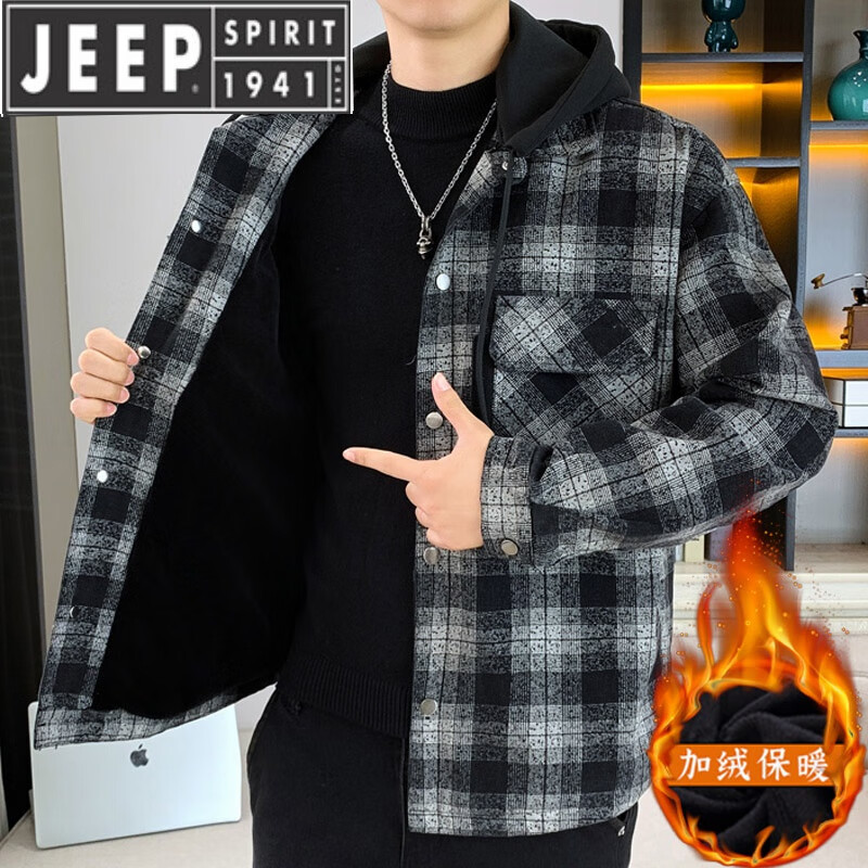 JEEP SPIRIT冬季新款可拆连帽格子夹克男士潮牌加绒加厚保暖冬装牛仔棉衣外套 黑灰/可拆帽 加绒 L 95-115斤左右