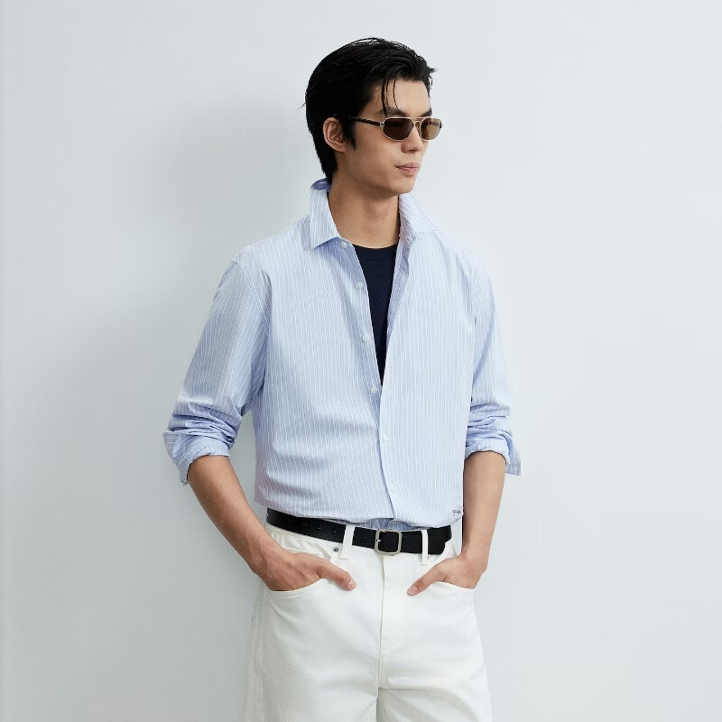 杰克·琼斯(JACK&JONES)【牛津纺】长袖衬衫男士26年秋季竖条纹弹力精致刺绣休闲衬衣男装 C39天蓝 常规 L