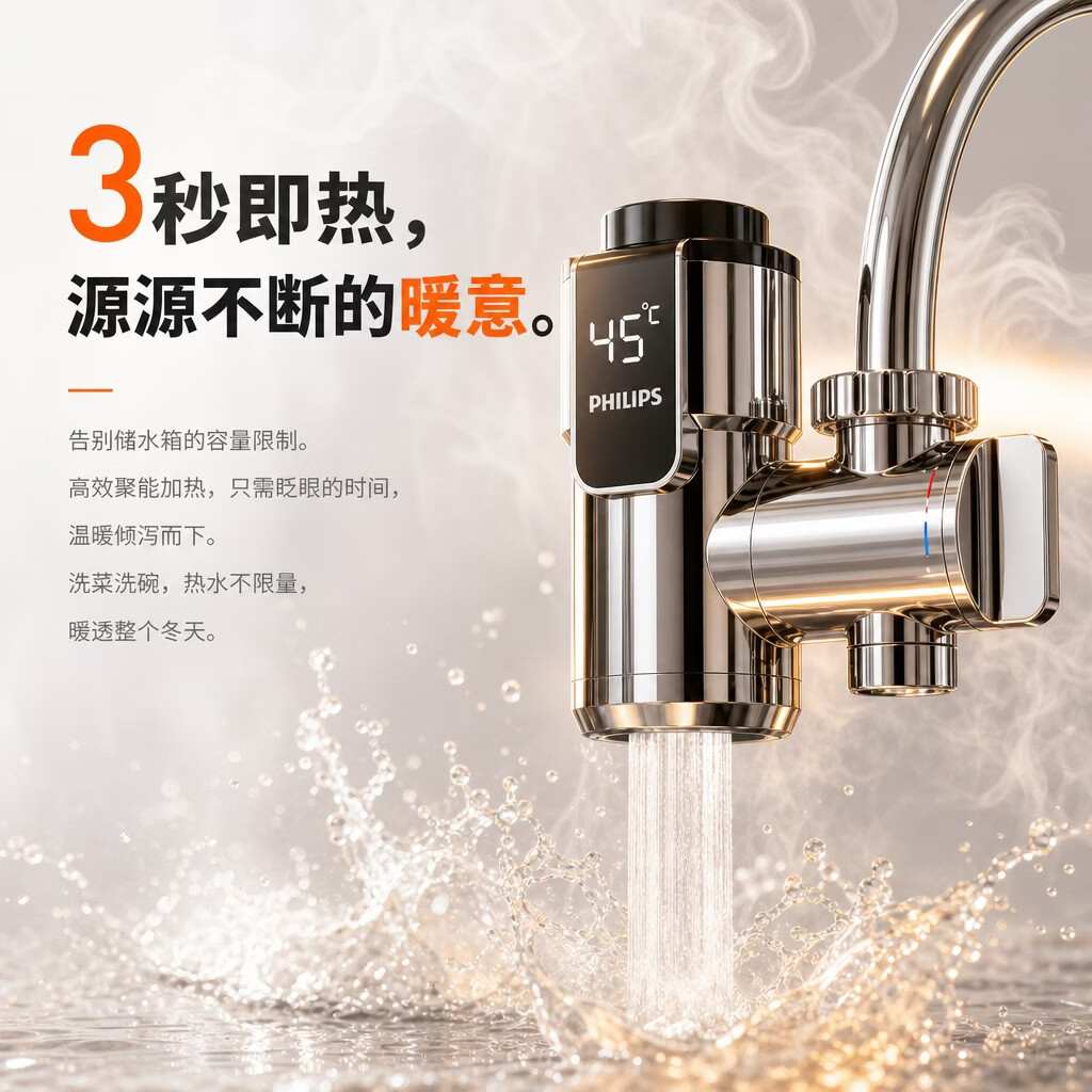 飞利浦电热水龙头即热式变频恒温不锈钢速热套上接驳式无需拆旧小型家用厨房卫生间数显款热水器厨宝1031 旋转机械变频款+漏保 AWH1031