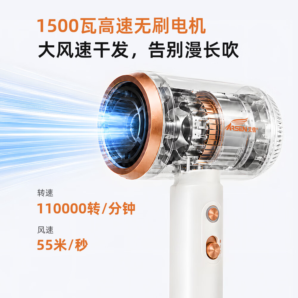 艾信高速护发吹风机大功率1500W家用负离子强力静音速干电吹风筒商务旅行便携电风吹 高速护发吹风机 白金（含风嘴）【大功率强力静音】