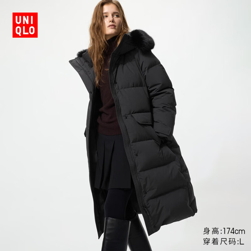 优衣库高级保暖羽绒长大衣女装外套夹克487412 09 黑色 M