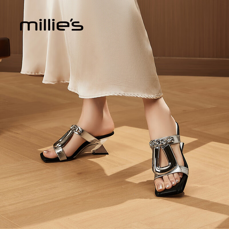 妙丽拖鞋女外穿坡跟时尚设计感休闲百搭凉拖鞋2025冬季新款 银色 37 标准码