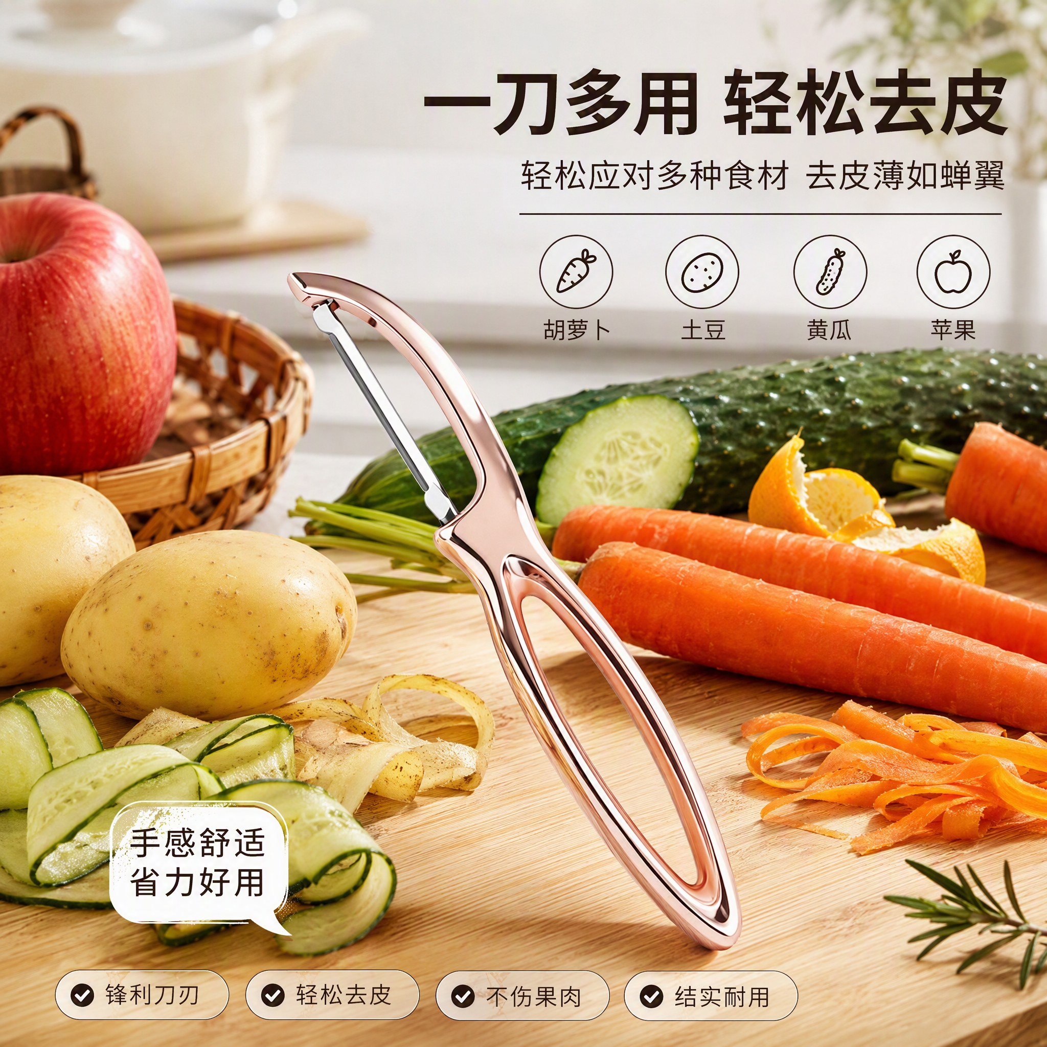 KITCHOICE水果刀削皮刀削皮器果蔬去皮削苹果刀具不锈钢一字型高颜值玫瑰金 玫瑰金色+铝合金镀钛手柄+304不锈钢刀片