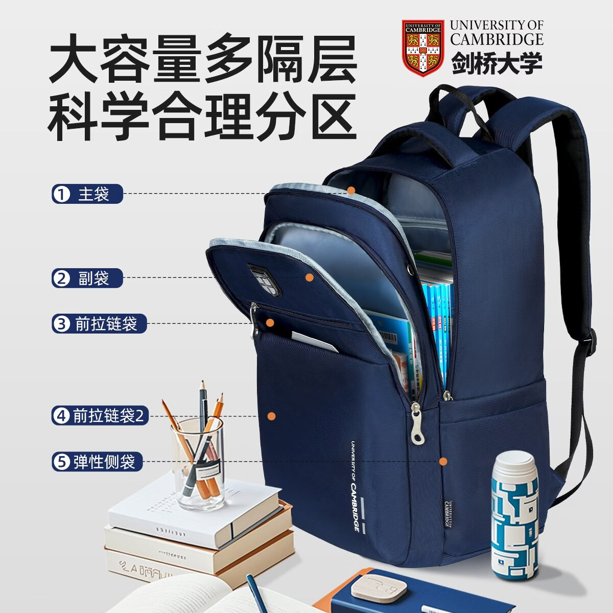 UNIVERSITY OF CAMBRIDGE剑桥大学书包初中生男孩中学生大容量减负护脊高颜值女高中双肩包 CA572深蓝-1 初中生-大学生 减负