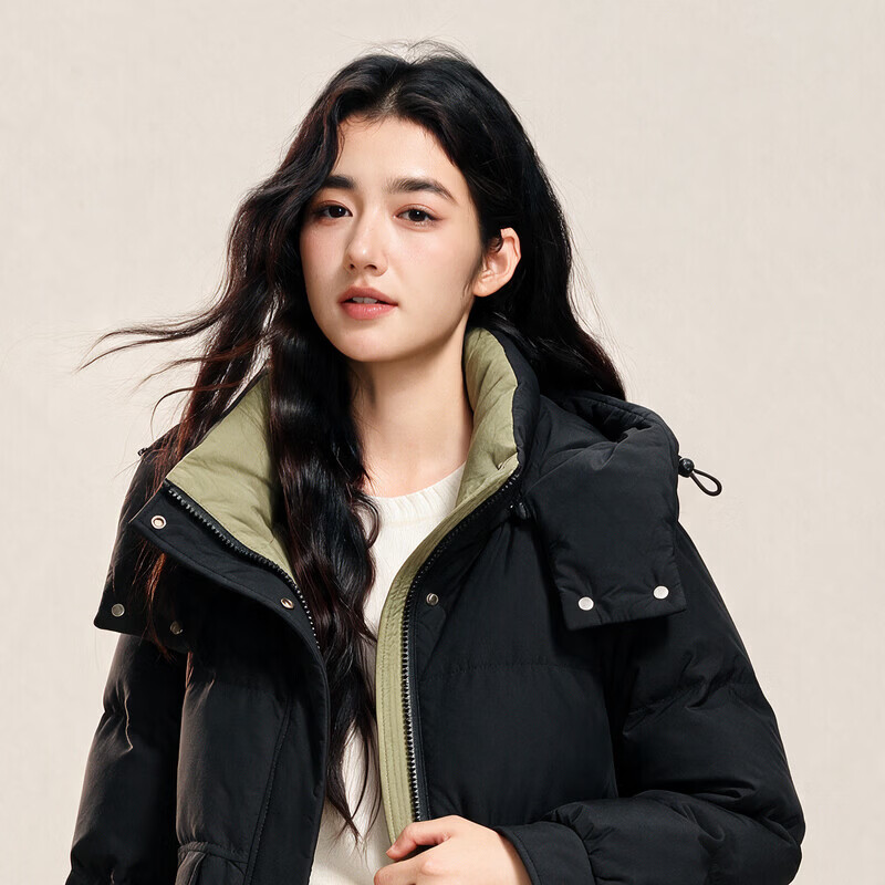 雪中飞冬新款女羽绒服连帽百搭大口袋加厚90绒保暖宽松简约韩版中长款 黑色|8056 M /160/84A