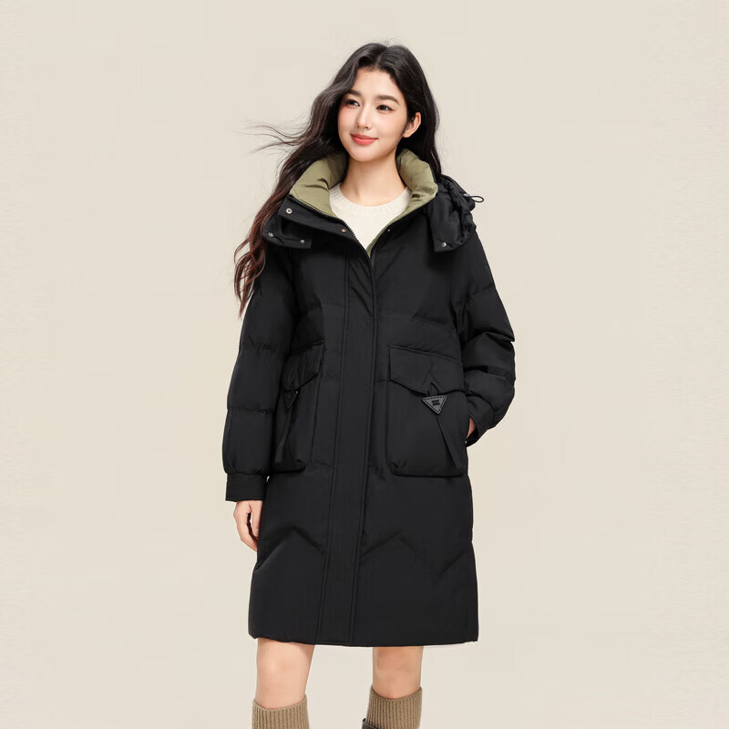 雪中飞冬新款女羽绒服连帽百搭大口袋加厚保暖宽松简约韩版中长款 黑色|8056 L /165/88A