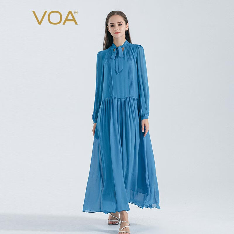voa钴蓝双层乔其桑蚕丝围巾领长袖宽松腰灵动休闲真丝连衣裙 ae1738